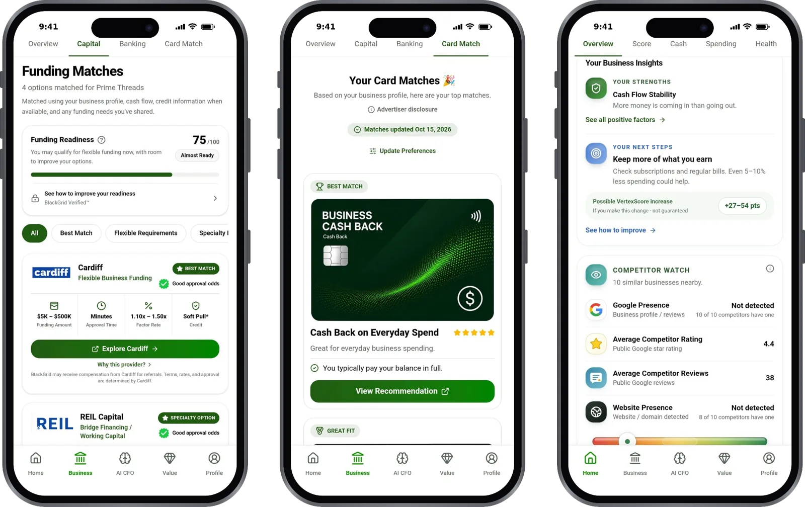 Funding matches, card matches and competitor watch screens