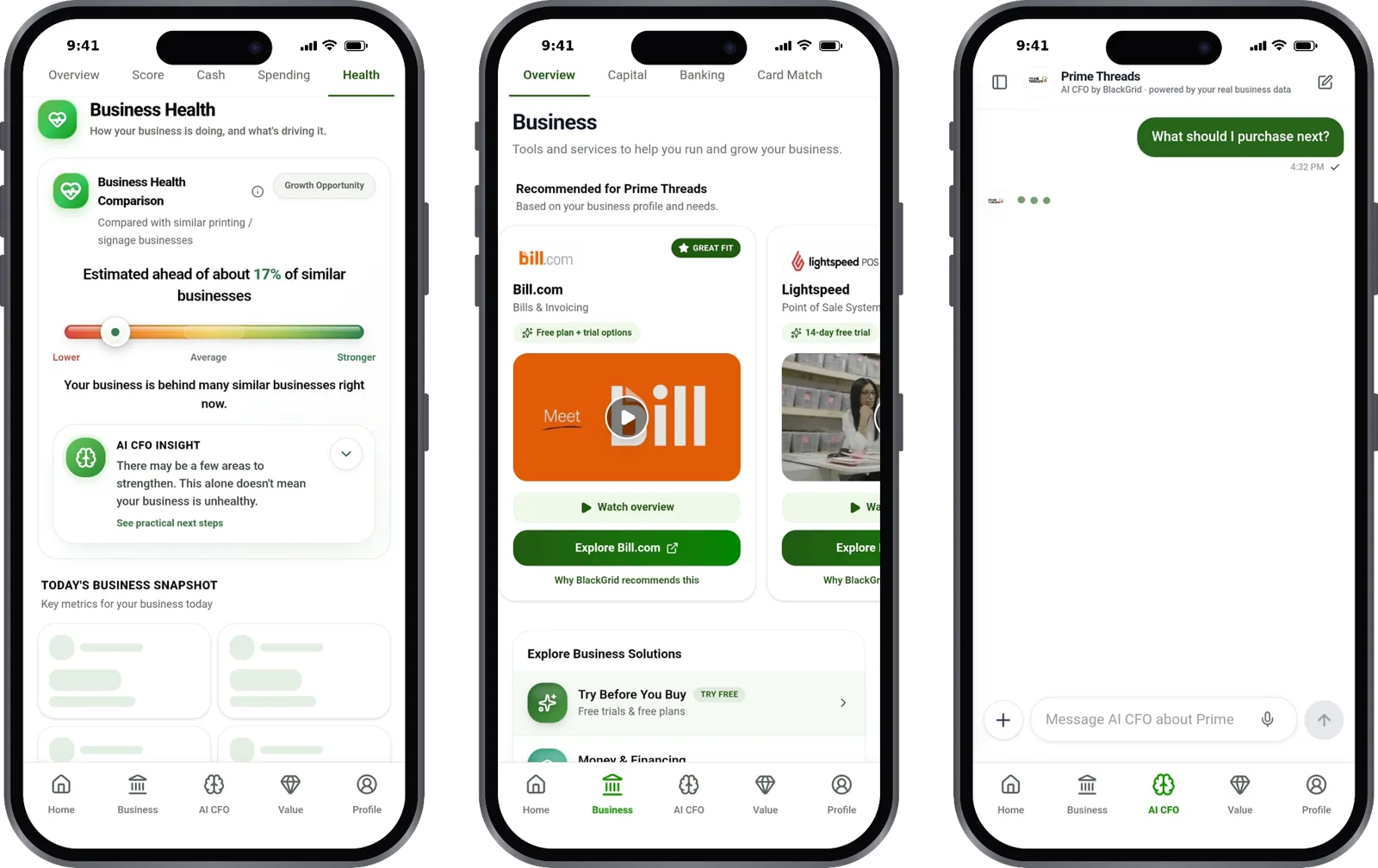 BlackGrid business health, business tools and AI CFO screens on iPhone