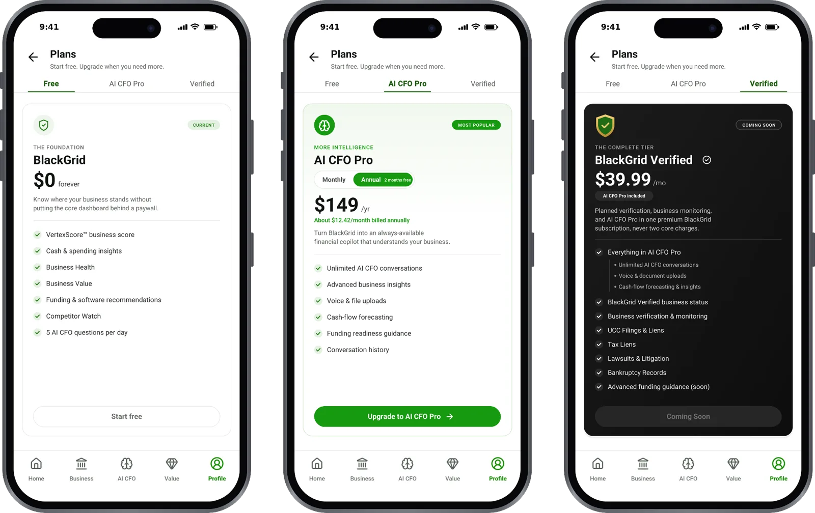 Free, AI CFO Pro and Verified plan screens