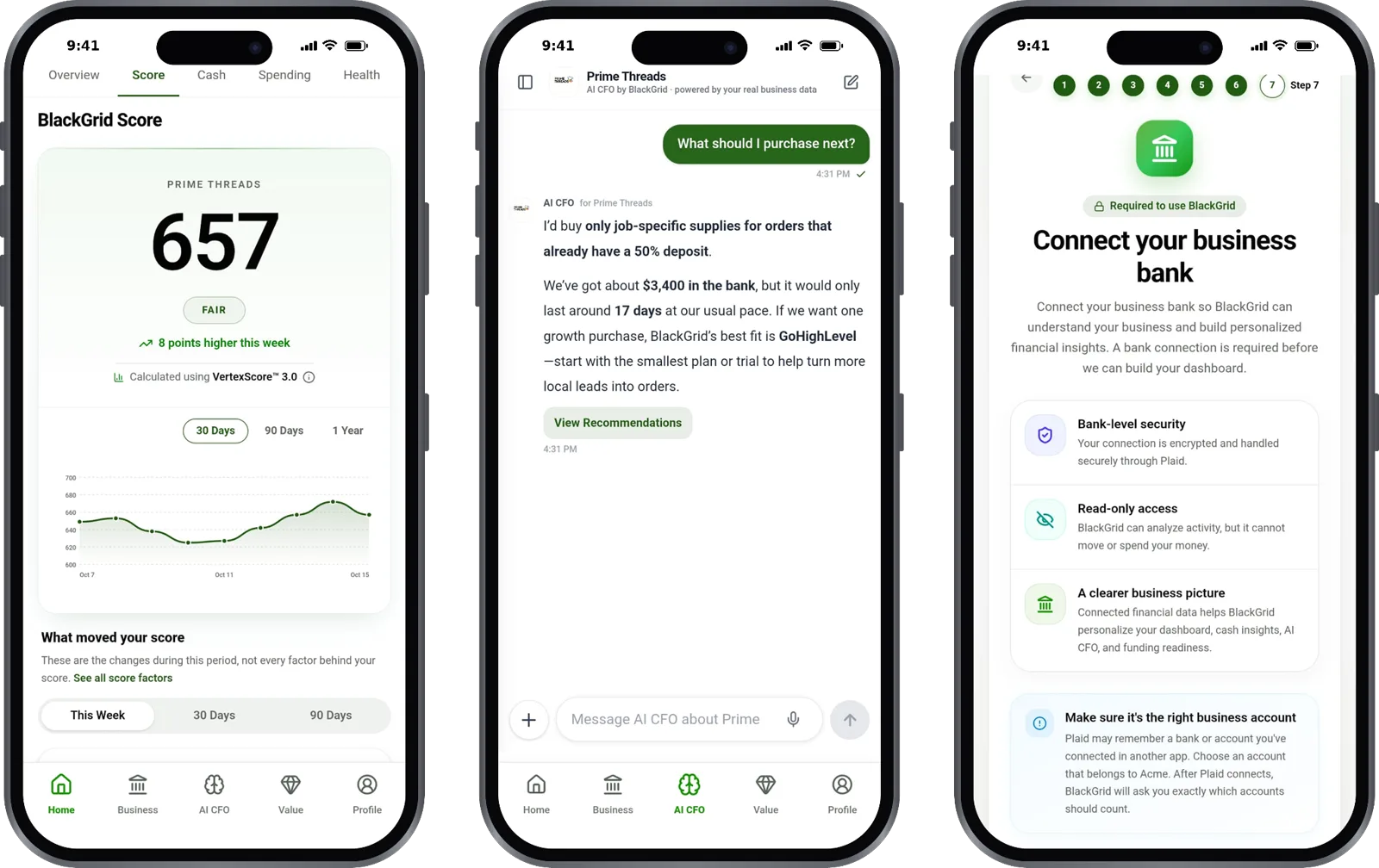 BlackGrid Score, AI CFO answer and bank connection screens