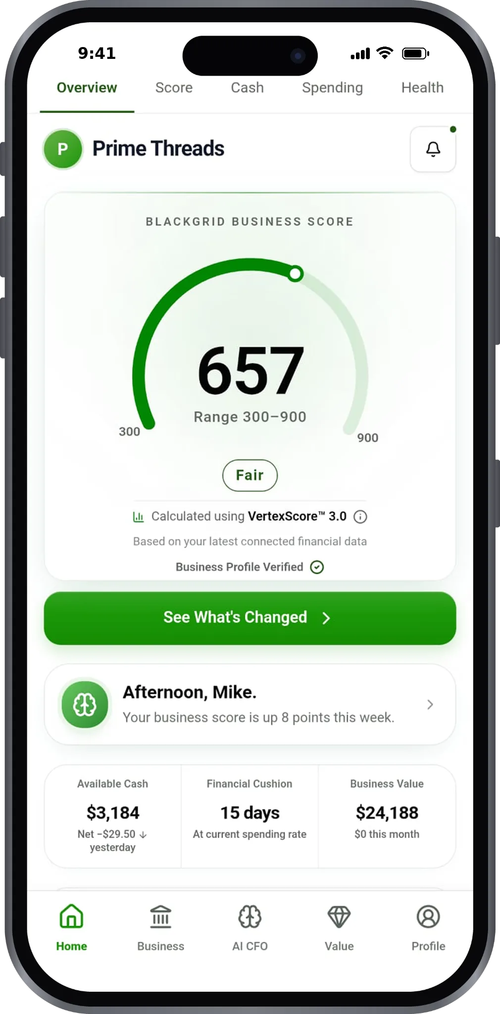 BlackGrid Score gauge reading 657 on a 300–900 range