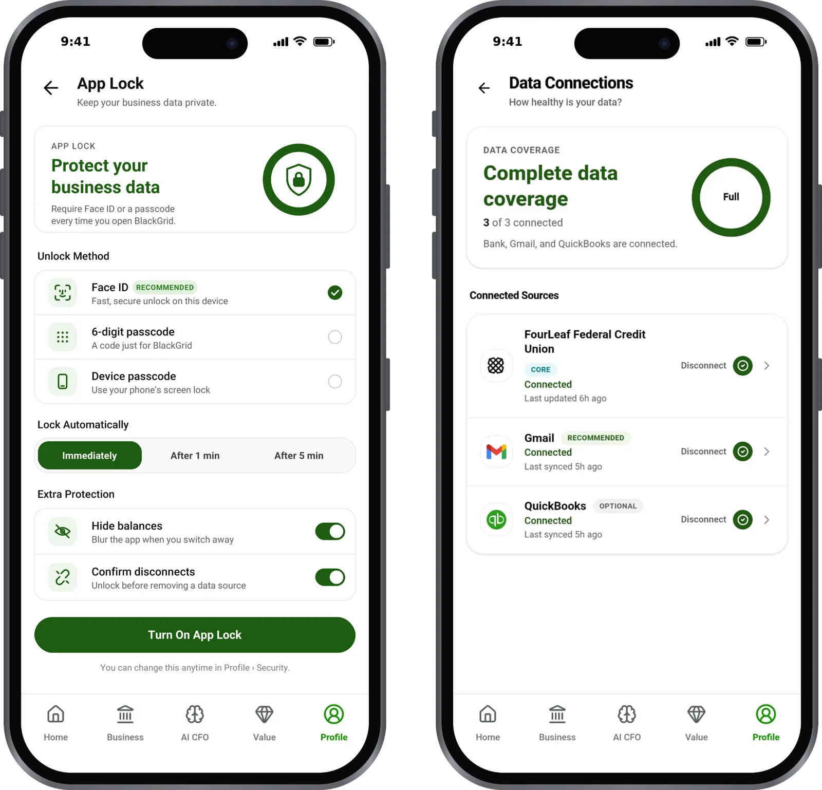 App Lock settings and data connections screens